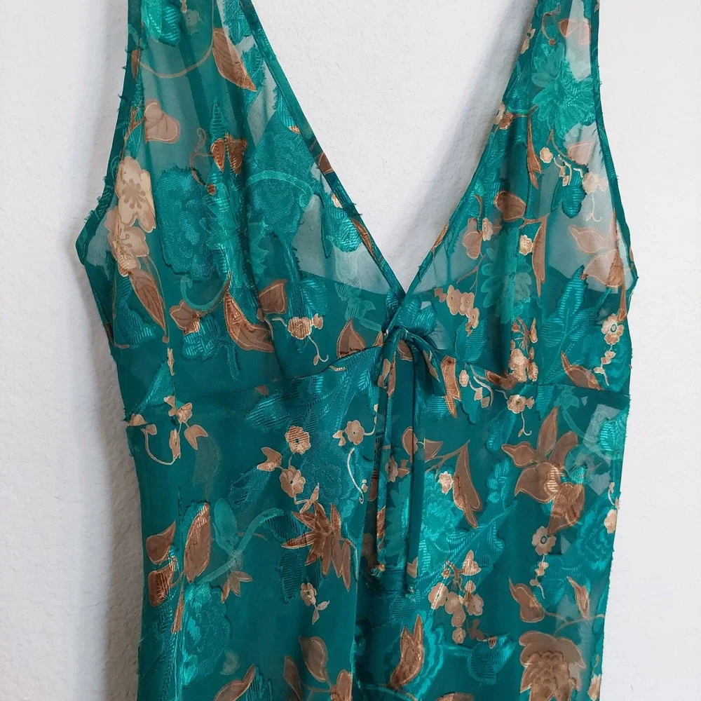 Katherine Bishop Teal Floral Sheer‎ Babydoll Chemise Nightgown Large